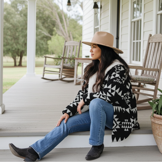 Women’s Southwestern Print Boho Fleece Sherpa Lined Jacket with Hood, Black and White