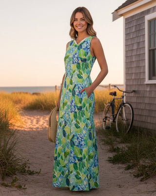 Women's Blue Hydrangea Floral Print Maxi Dress, Beach Resort Dresses Berry Jane™