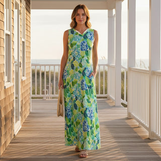 Women's Blue Hydrangea Floral Print Maxi Dress, Beach Resort Dresses Berry Jane™