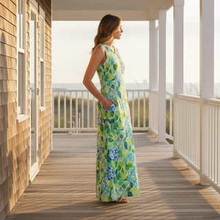 Women's Blue Hydrangea Floral Print Maxi Dress, Beach Resort Dresses Berry Jane™