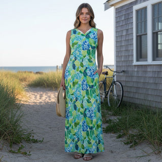 Women's Blue Hydrangea Floral Print Maxi Dress, Beach Resort Dresses Berry Jane™