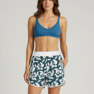 Women's Blue Hibiscus Floral Beach Board Shorts, Zipper Pockets