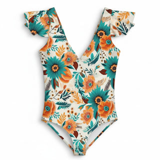 Women's V-Neck Ruffle Sleeve One Piece Swimsuit Western Boho Floral Swimsuit 1 Pc. Berry Jane™