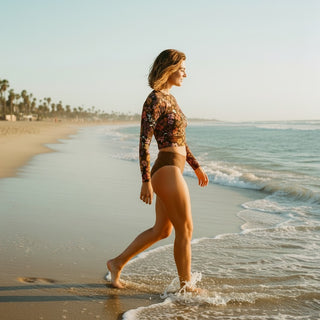 Women's UPF 50 Cropped Rash Guard Top, Retro Earthy Florals Rash Guards & Swim Shirts Berry Jane™
