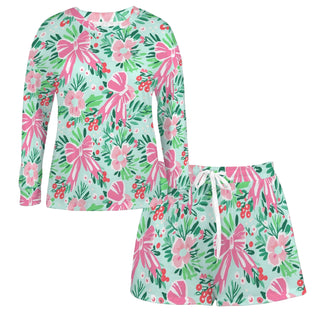 Coquette Christmas  Floral pajama set with pink bows and green leaves, womens pajamas
