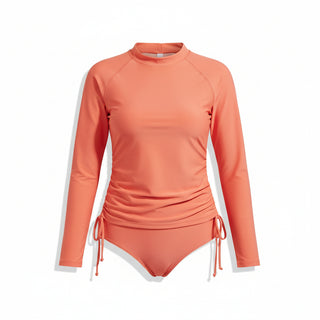Juniors 2-Piece Long Sleeve Swimsuit Set Ruched Tie Waist UPF 50, Coral