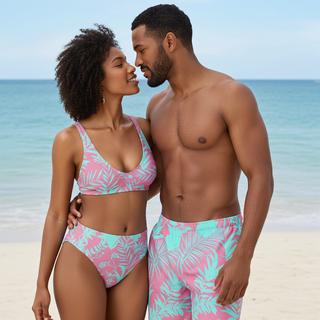 His Hers Matching Couples Swimsuit Set, Bikini + Swim Trunks - Tropical Pink Couples Matching Swimsuit Set Berry Jane™
