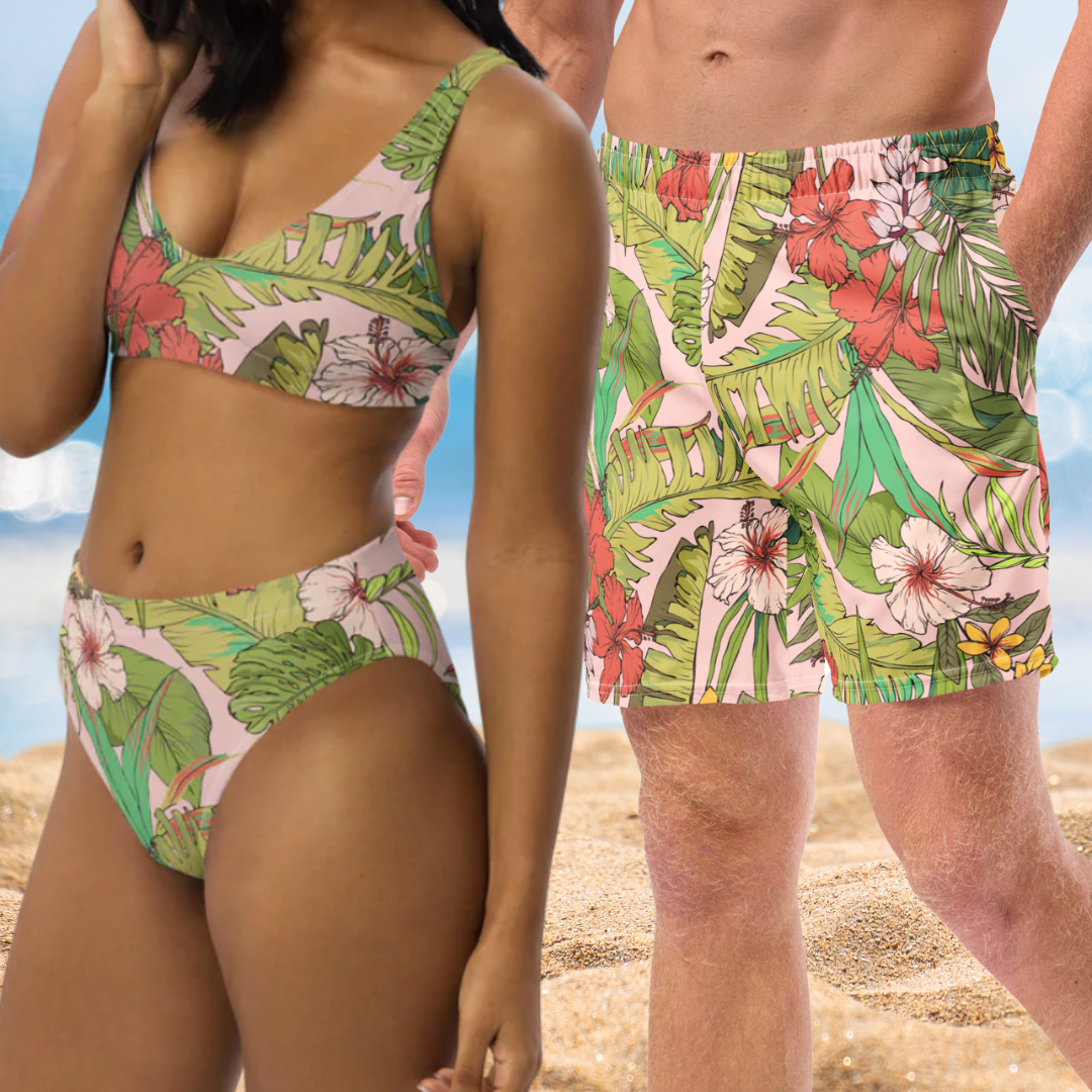 His Hers Matching Couples Swimsuit Set Bikini Swim Trunks Vintage Tropical Floral