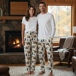 Women's Cozy Cabin Bears Fall Winter Pajama Pants, Couples Matching PJs
