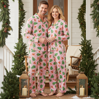 Couples Matching Pink Christmas Pajamas – Holiday Sleepwear Pajama Sets Berry Jane
