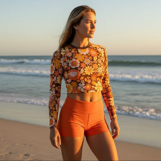 Women's Cropped Rash Guard, Lined Bralette, 70s Retro Florals Rash Guards & Swim Shirts Berry Jane
