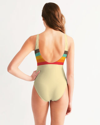 Vintage 70s Retro Stripe, Mellow Yellow Women's One-Piece Swimsuit Swimwear Berry Jane™