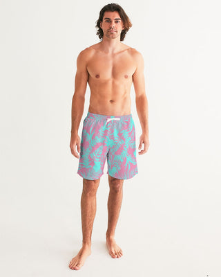 Men's Turquoise Tropical Floral Pink Swim Trunks, 7" Inseam Swim Trunks Berry Jane™