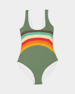 70s Vintage Stripe Women's One-Piece Swimsuit, Retro Green Stripes one piece swimsuit Berry Jane™