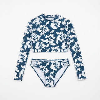 Junior's Two-Piece Cropped Rash Guard Bikini Swimsuit, Blue Hibiscus