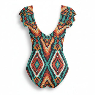 Women's Boho Southwestern Twist Front Ruffle Sleeve One-Piece Swimsuit Swimwear Berry Jane