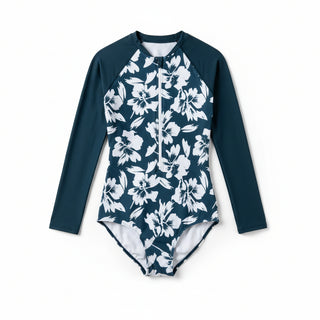 Junior's One-Piece Rash Guard Swimsuit, Blue Hibiscus