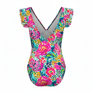 Women's One Piece Ruffle Cap Sleeve Swimsuit, Floral Leopard Swimwear Berry Jane