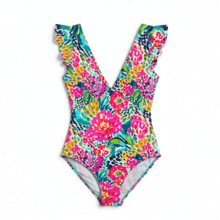 Women's One Piece Ruffle Cap Sleeve Swimsuit, Floral Leopard Swimwear Berry Jane