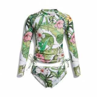 Junior Girls Ruched Sides Long Sleeve Swimsuit Set, UPF 50 - Vintage Tropical Floral Swimwear Berry Jane™