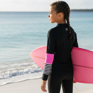 Berry Jane Junior Girls Rash Guard, UPF 50+, Black Pink Sporty Stripe