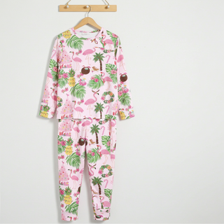 Girls Pink Christmas Pajama Set, Beach Flamingo Party Kids Pajamas Berry Jane