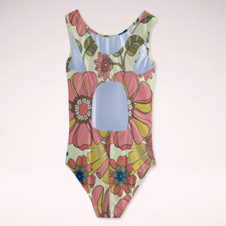 Tween Girls 1-Pc. Cut-Out Swimsuit, Retro 70s Vintage Flowers Kids Swimwear Berry Jane™