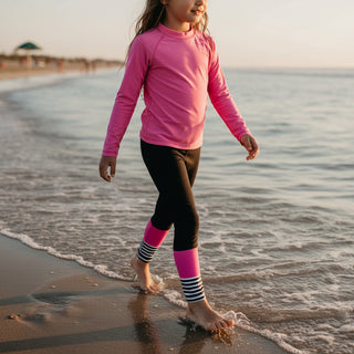 Girls (2T-7) UPF 50 Swim Leggings - Black Pink Sporty Stripe