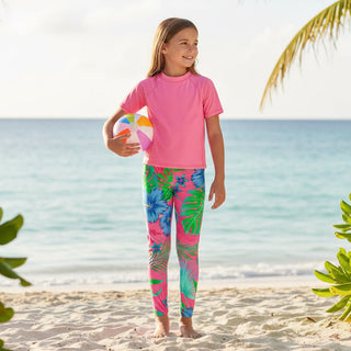 Girls pink floral colorful UPF swim leggings, beach sun protection for kids