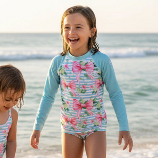 Girls Pink Bows & Baby Blue Stripes Long Sleeve Rash Guard – Preppy Coquette UPF 40