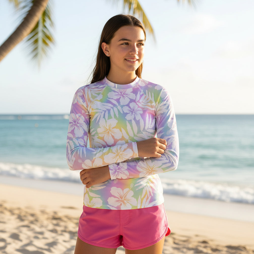 Jane Rash Guard Girl Tween & Teen Girls Rash Guard UPF 50+ (Sizes 8–20) -Rainbow Floral ...