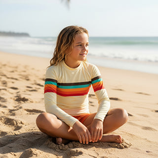 Tween & Teen Girls Rash Guard UPF 50+ (Sizes 8–20) -Vintage 70s Stripe Yellow Kids Rash Guards & Swim Shirts Berry Jane™