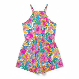 Women's Beachy Hawaiian Floral Romper Painted Hibiscus Spaghetti Straps Rompers Berry Jane
