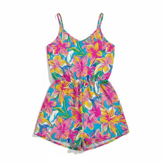 Women's Beachy Hawaiian Floral Romper Painted Hibiscus Spaghetti Straps Rompers Berry Jane