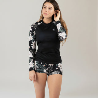Juniors 2 Piece UPF Shorts and Rash Guard Swimsuit Set - Black Hawaiian Lily