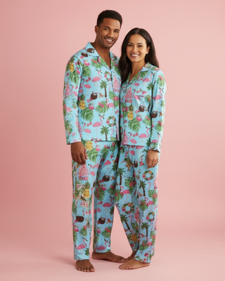 His Hers Couples Beach Christmas Pajamas - Turquoise Blue