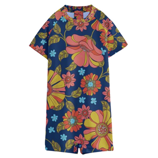 Girls 1-Pc Boy Short Rash Guard Surf Swimsuit, 70s Vintage Floral Kids Swimwear Berry Jane™
