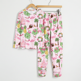 Girls Pink Christmas Pajama Set, Beach Flamingo Party Kids Pajamas Berry Jane