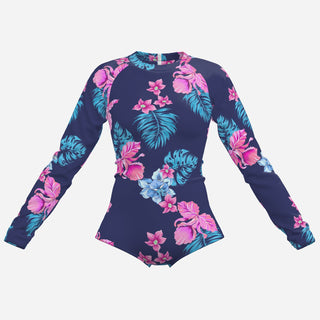 Girls One Piece Rash Guard Swimsuit, Long Sleeve UPF Protection - Blue Floral Girls Swimwear Berry Jane