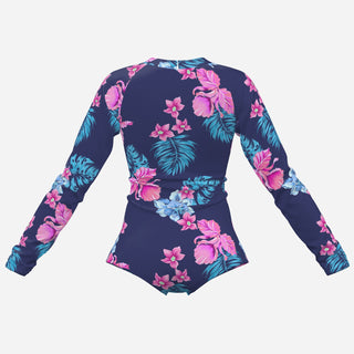 Girls One Piece Rash Guard Swimsuit, Long Sleeve UPF Protection - Blue Floral Girls Swimwear Berry Jane
