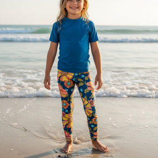 Girls UPF 50 Swim Leggings, 70s Vintage Floral (2T-7) Kids Swim Leggings Berry Jane™