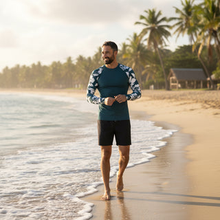 Men's Azure Blue Hawaiian Hibiscus Rash Guard, UPF 50+