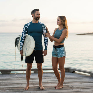 Men's Azure Blue Hawaiian Hibiscus Rash Guard, UPF 50+