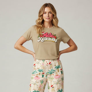 Mele Kalikimaka Hawaiian Christmas Graphic T-Shirt, Khaki