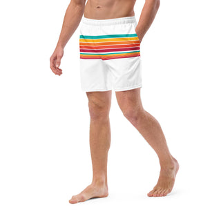 Men's White 70s style Stripe Swim Trunks, long swim shorts beachwear