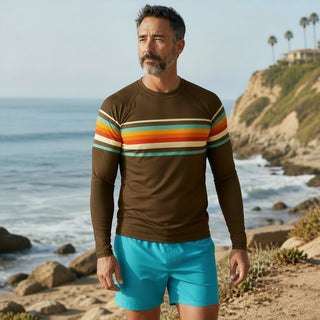 Men's 70s Retro Stripe Rash Guard - Brown Rash Guards & Swim Shirts Berry Jane™