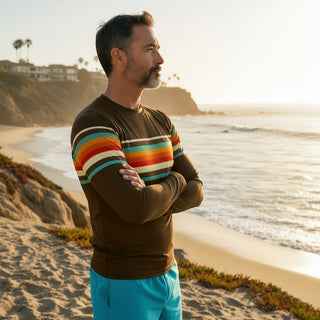 Men's 70s Retro Stripe Rash Guard - Brown Rash Guards & Swim Shirts Berry Jane™