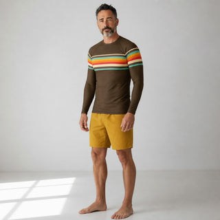 Men's 70s Retro Stripe Rash Guard - Brown Rash Guards & Swim Shirts Berry Jane™