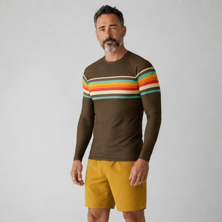 Men's 70s Retro Stripe Rash Guard - Brown Rash Guards & Swim Shirts Berry Jane™