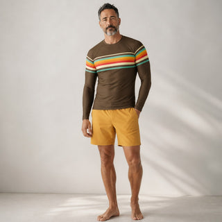 Men's 70s Retro Stripe Rash Guard - Brown Rash Guards & Swim Shirts Berry Jane™